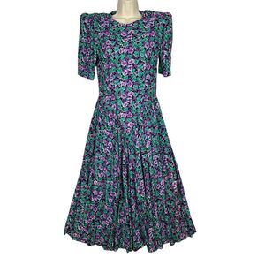 VTG E. D. Michaels Dress Sz 7/8 Purple Green Floral Rayon Puff Sleeve Midi USA